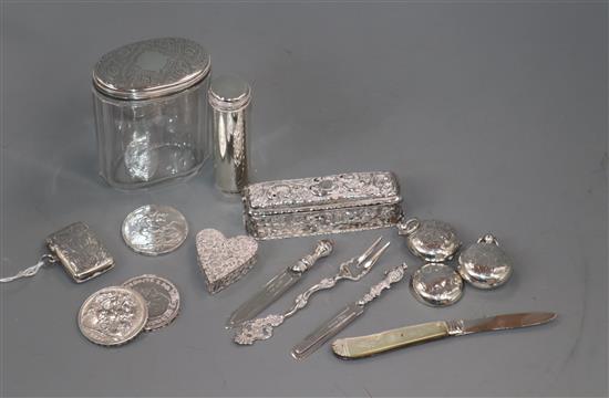 A Victorian silver travelling shaving brush and other small silver including, vesta case,pill box, toilet jar, bookmark, fruit knife et